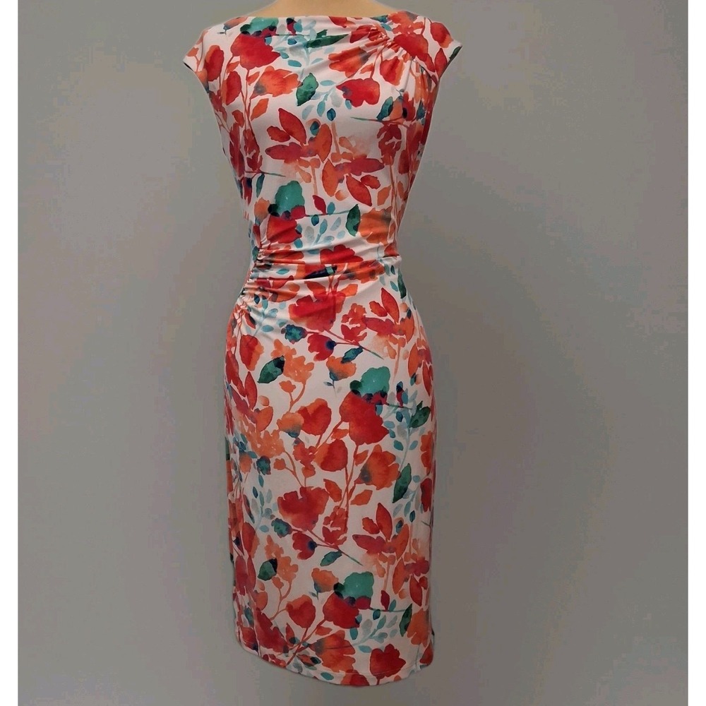 American Living Dress Sz 4 Boat Neck Multicolored Floral Ruched Waist Cap Sleeve